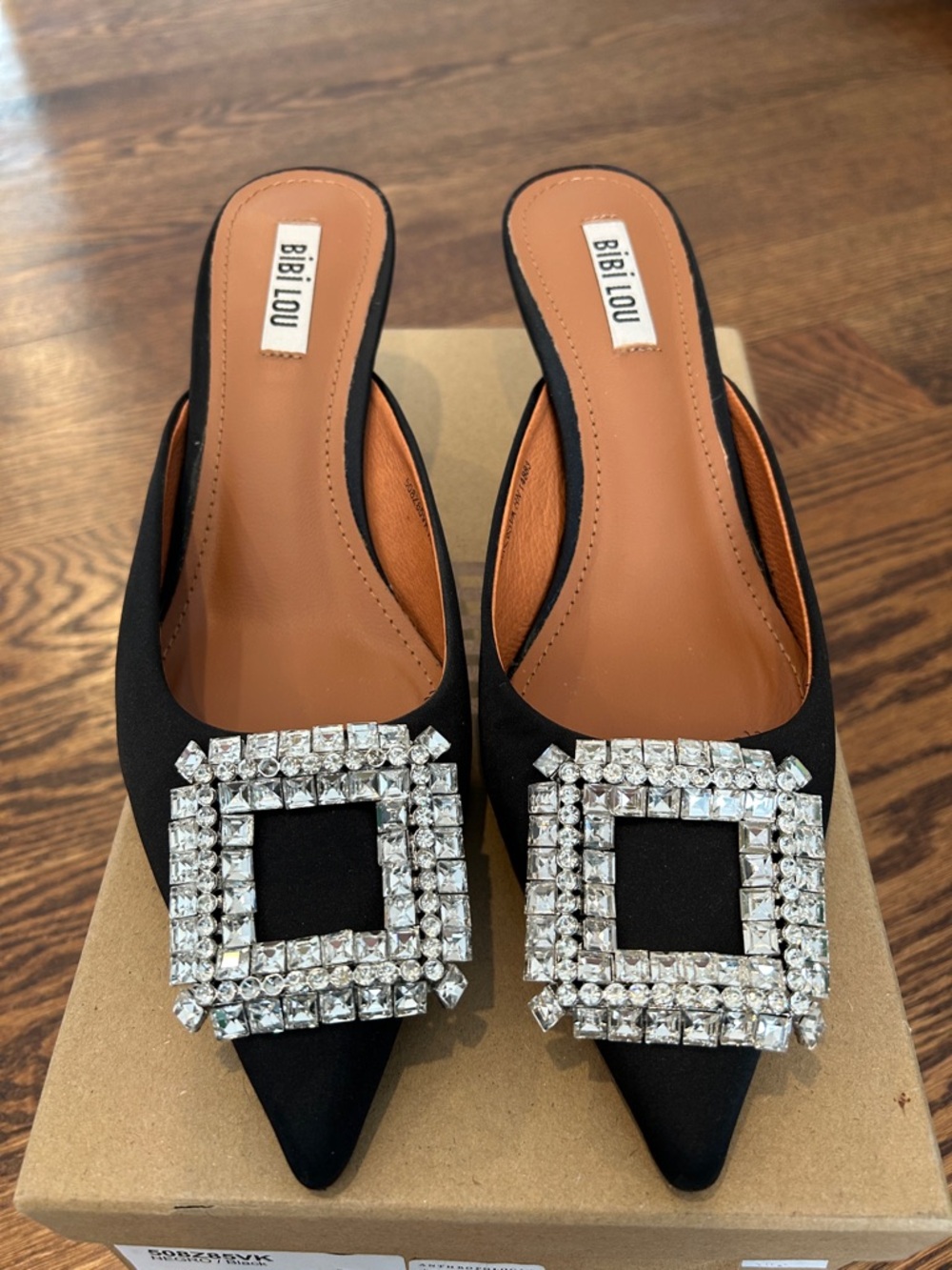 Bibi Lou Black Crystal-Buckle Pointed Mules